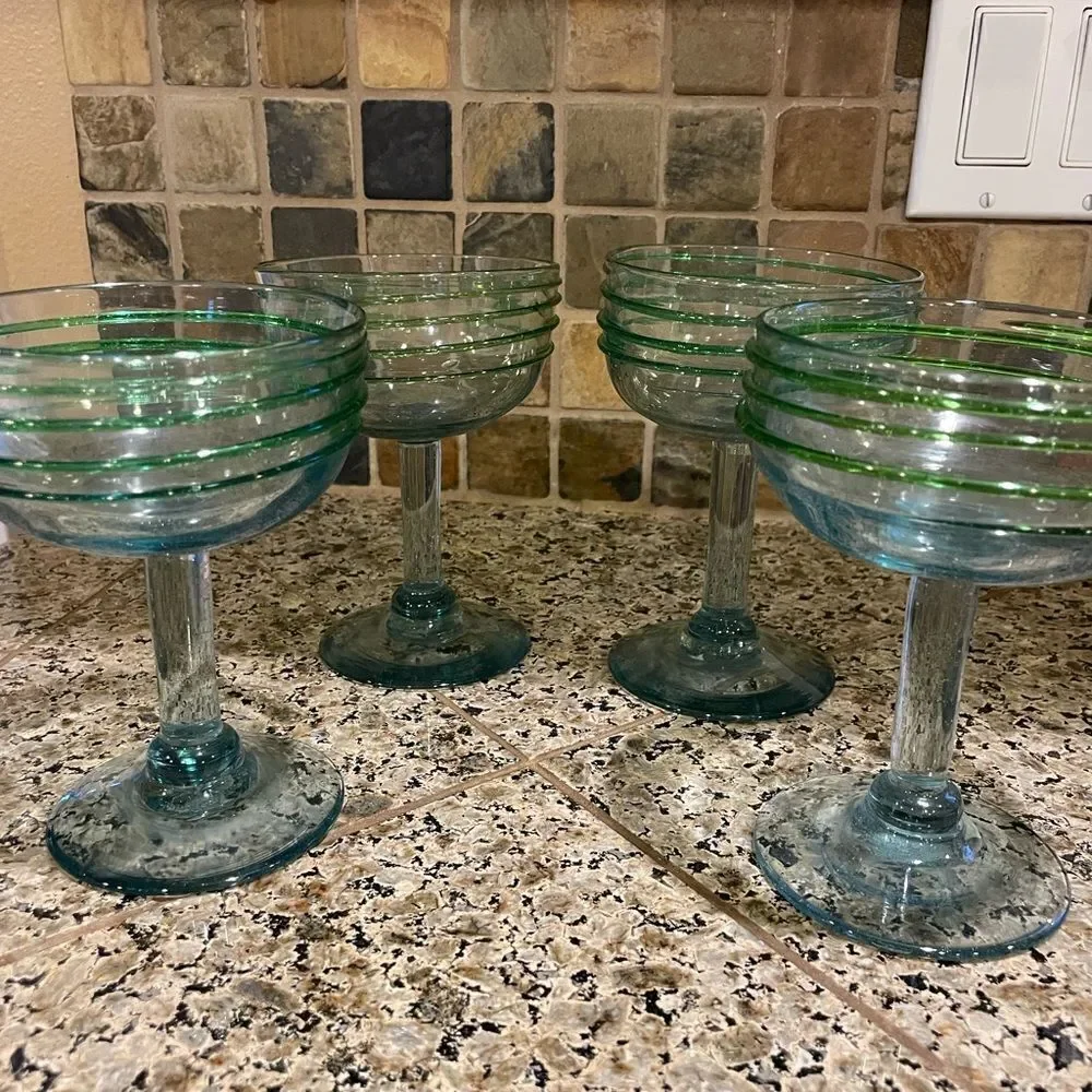 4 Hand Blown Green Glass Margarita Glasses Made in Mexico